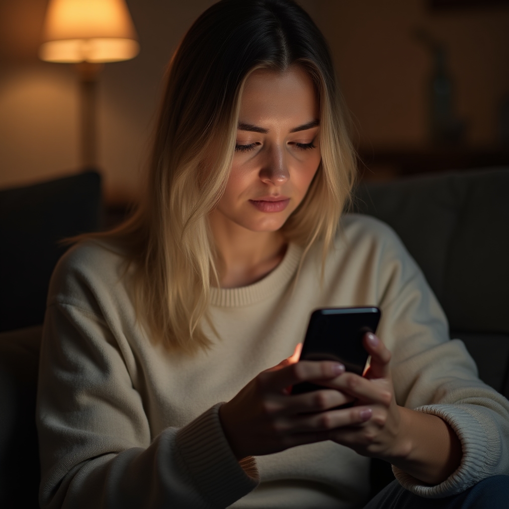 Osoba unikająca sprawdzenia salda konta na smartfonie